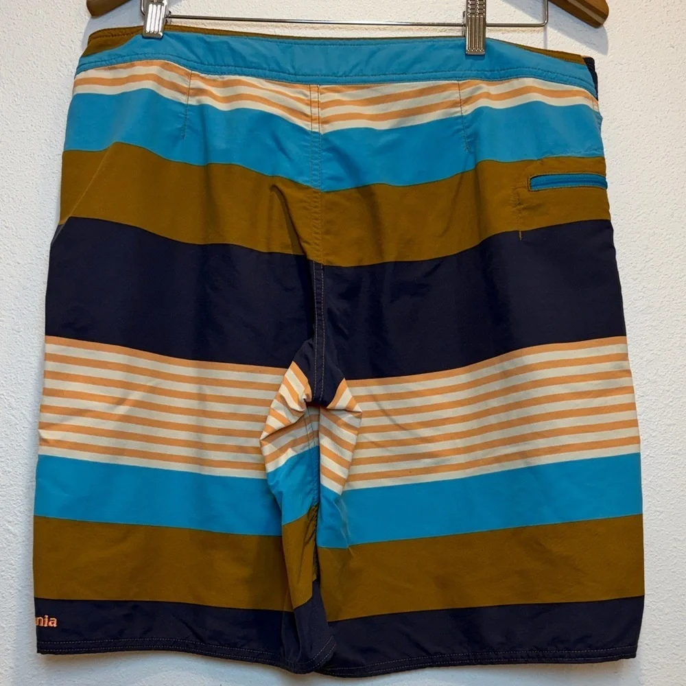 Patagonia Men’s Navy, Teal & Olive Striped Boardshorts